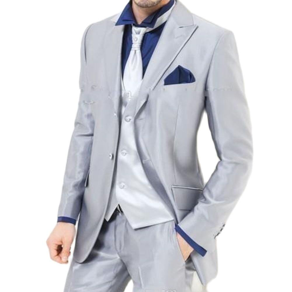Men Formal Wear For Dinner - Custom Made Silver Shiny Satin Men‘S