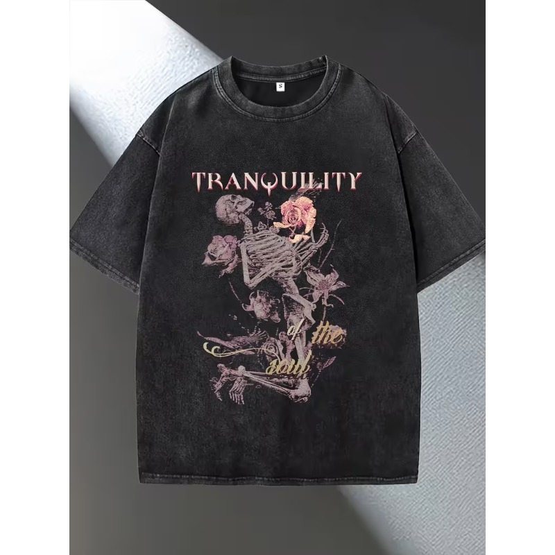 Men'S Gothic Formal Wear - Vintage Washed Black Skeleton Rose T-Shirt