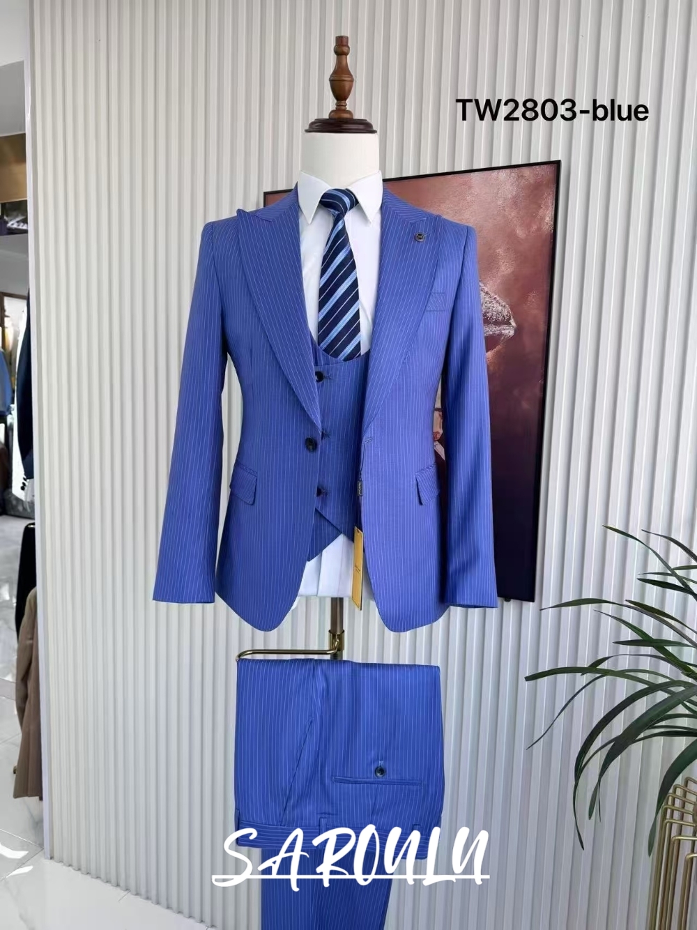 Men Formal Wear Sale - Men's Blue Striped Formal Suit 3Pcs