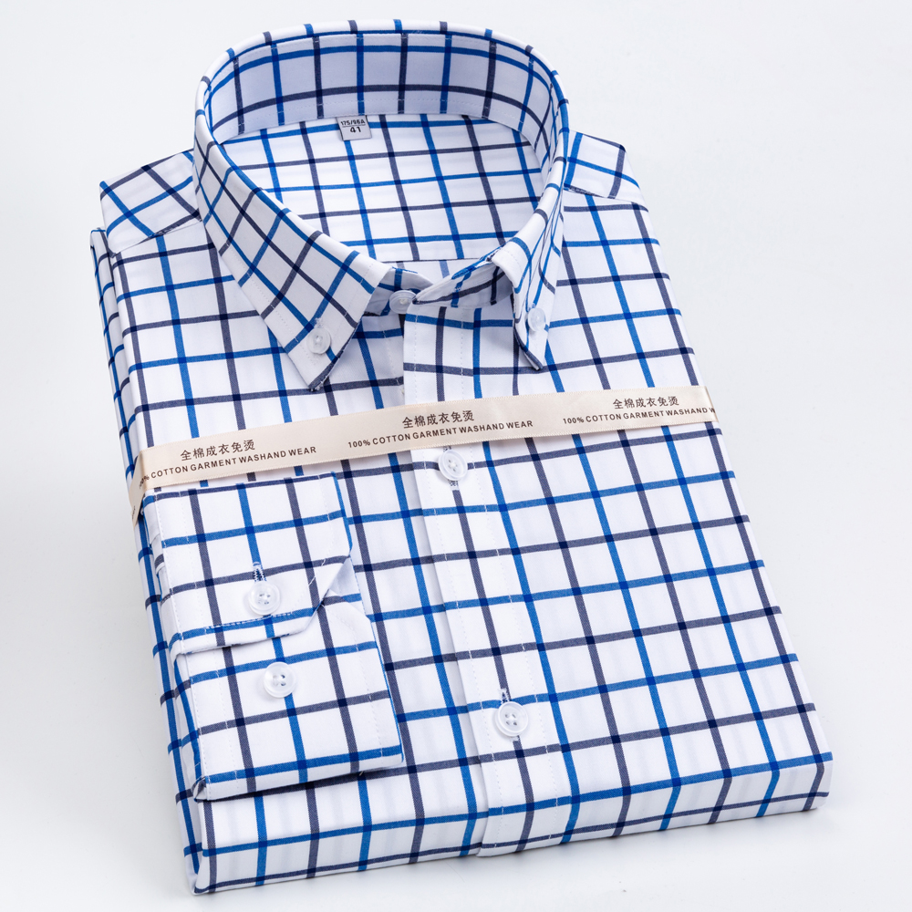Men Formal Office Wear Shirts - Men's Plaid Spread Collar Wrinkle-Free Long