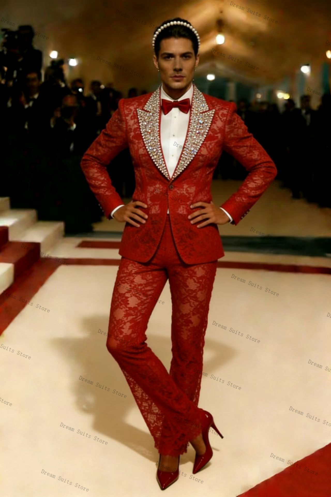 Gold Crystals Men Suit Set 2 P - Men Formal Wear Red recensione e prezzo