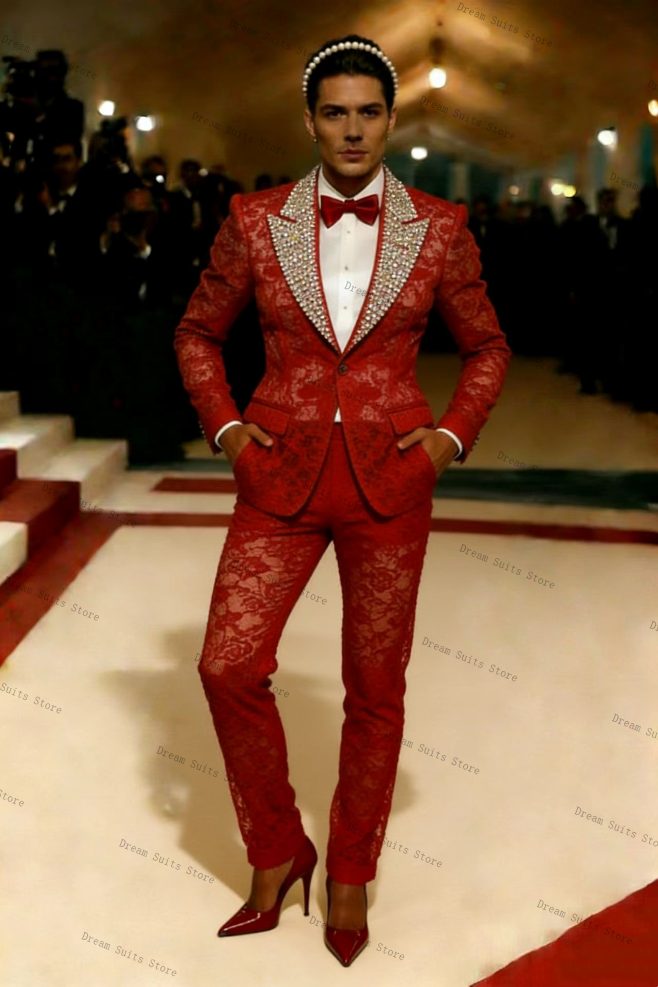 Gold Crystals Men Suit Set 2 P - Men Formal Wear Red recensione e prezzo